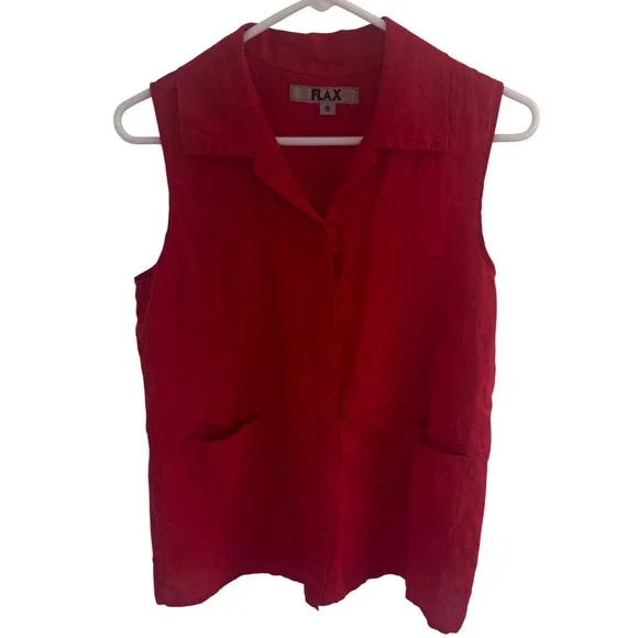 FLAX Red Linen Sleeveless Button Down Shirt Collar and Pockets Size S Preloved - Picture 5 of 9